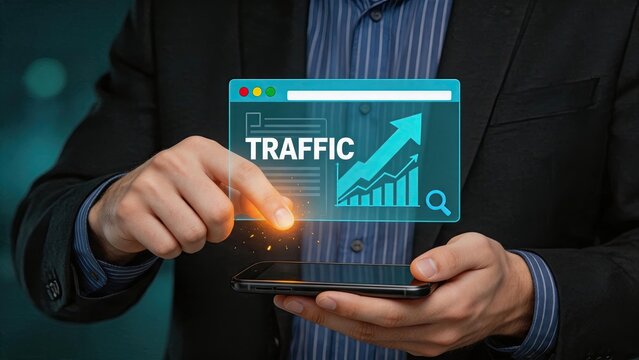 Businessman using smartphone with holographic traffic analytics display, website visitor increase graph, digital marketing strategy, SEO optimization tool