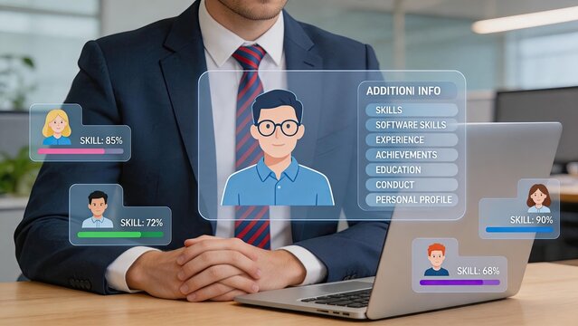 HR manager reviewing employee skills profile and performance data on laptop screen with graphical user interface showing candidate assessment scores and personal information