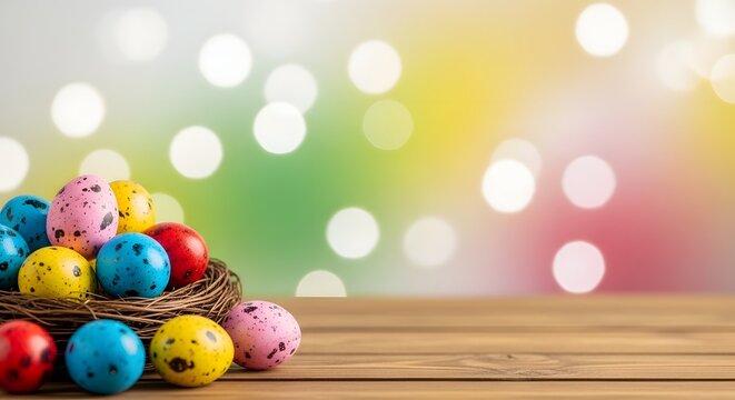 Colorful speckled easter eggs overflowing from a woven basket on a rustic wooden surface vibrant bokeh background