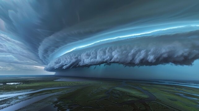A large storm cloud rolls in over a green landscape with a river