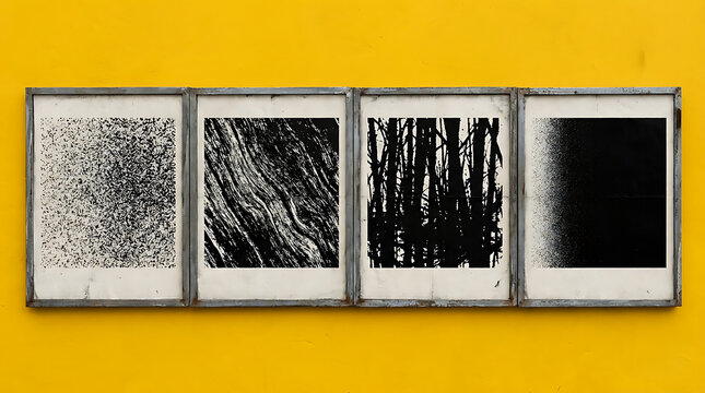 Four framed abstract art pieces on yellow wall showing textural patterns and organic shapes.