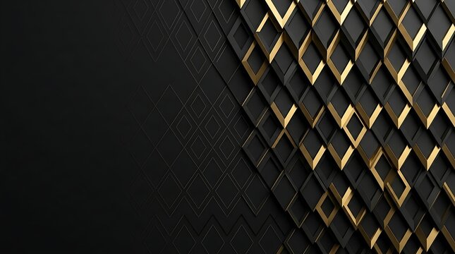 Abstract geometric pattern with overlapping diamond shapes and golden metallic edges on a dark textured background abstract geometric metallic background structure glamorous dimension backdrop