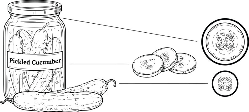 Pickled cucumbers in jar with sliced cucumbers and cross-section detail on white background line art