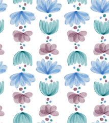 Seamless watercolor pattern featuring stylized blue, green, and mauve flowers organized in vertical rows with a repetitive and symmetrical design. © Anna Garifulina 