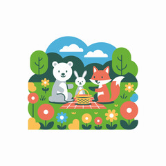 Fototapeta premium Fox, Rabbit, Bear Having Picnic in Colorful Garden