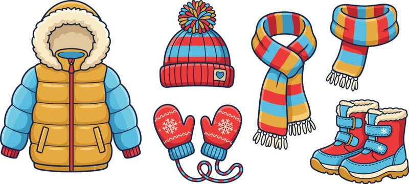Colorful winter seasonal kids clothing vector clip art collection featuring a puffy down jacket knitted beanie scarf snowflake mittens and warm boots isolated