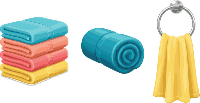 Colorful bathroom towels vector icon collection featuring a neat folded stack a rolled tube and a yellow fabric hanging from a metallic ring holder.