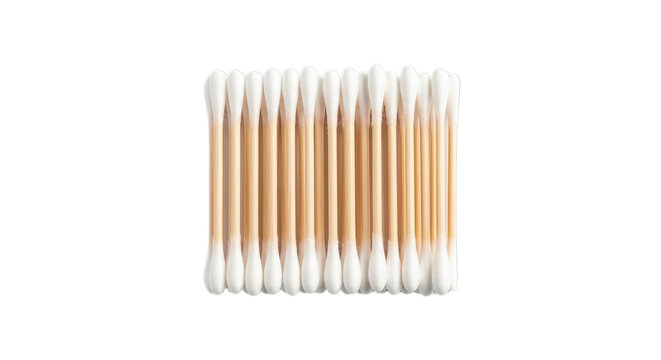 Several wooden cotton swabs are arranged in a clean row against a pure white background surface
