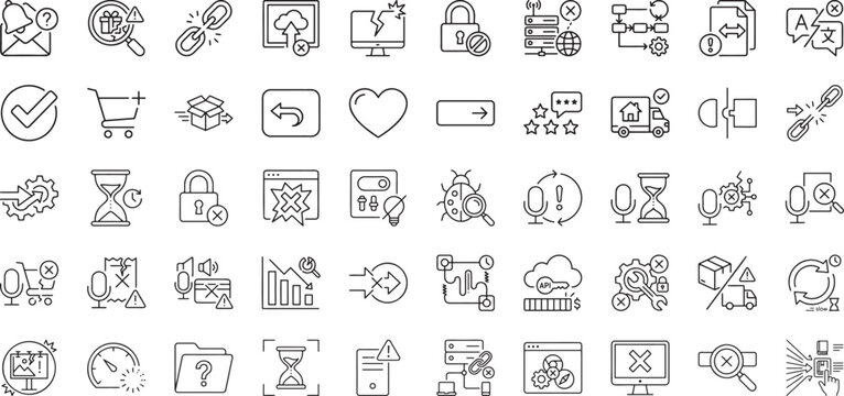 Cloud computing errors and broken digital communication network line icons