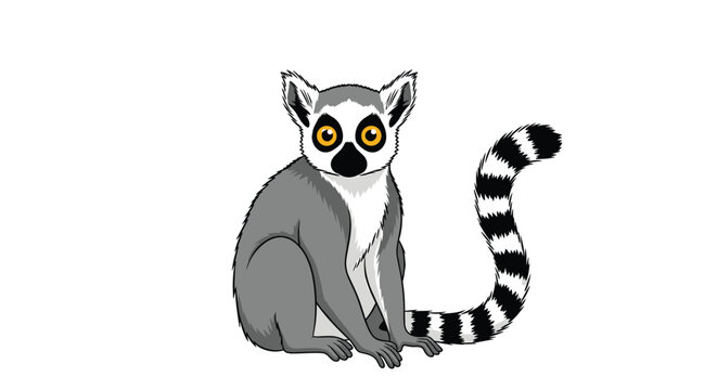 Detailed illustration of a ring-tailed lemur sitting upright and looking forward with its distinctive striped tail behind it in the wild.