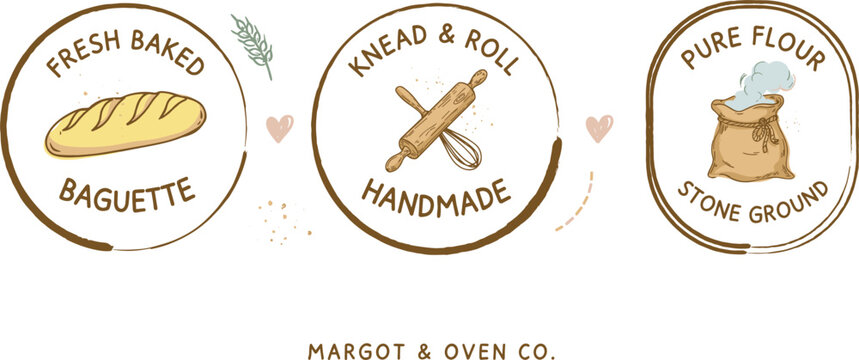 Vintage bakery logo vector badges set featuring rustic artisan fresh baked baguette handmade rolling pin whisk and pure stone ground flour sack sackcloth labels