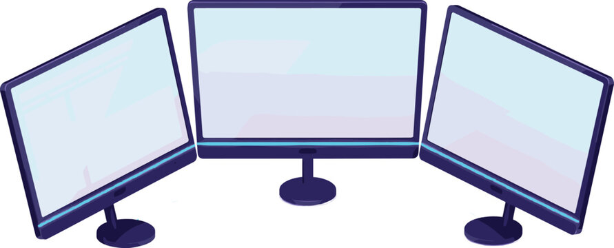Triple computer monitor setup vector illustration featuring three blank wide screens arranged in a panoramic curved workstation design isolated on white background graphic