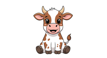 Fototapeta premium Cute brown and white spotted calf sitting and smiling with a friendly expression on its face in a cheerful farm animal illustration for children.