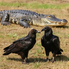 Obraz premium Two dark birds stand on dry grass in front of a large alligator on a sunny day. The birds seem to be observing the reptile closely, creating a scene of potential danger and wildlife interaction.