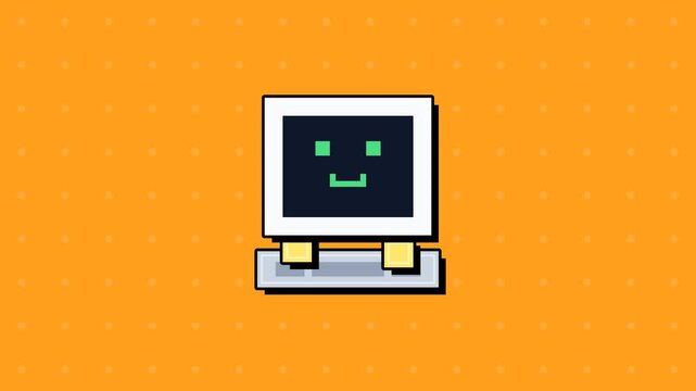 Smiling computer screen on orange background.