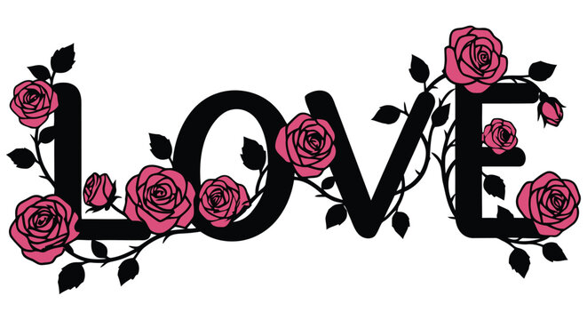 Floral ornament spelling love black lettering with pink rose accents