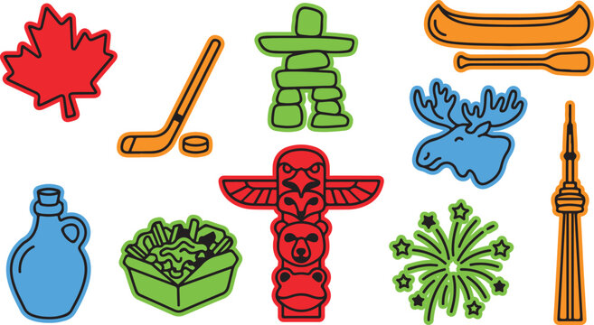 Canadian symbols and culture travel icons with canadian inukshuk fireworks landmark vacation national heritage wildlife collection attraction destination exploration mapleleaf