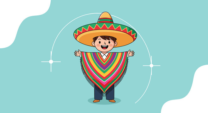 Young boy dressed in a colorful Mexican poncho and a large sombrero hat smiles with his arms wide open against a blue sky.