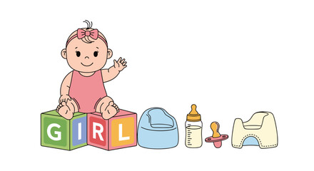 Fototapeta premium Cute baby girl sitting on colorful blocks that spell out girl with a potty, bottle, and pacifier arranged next to her.