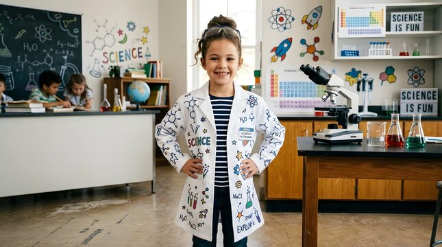 Young student in science lab coat with science icons learning experiment