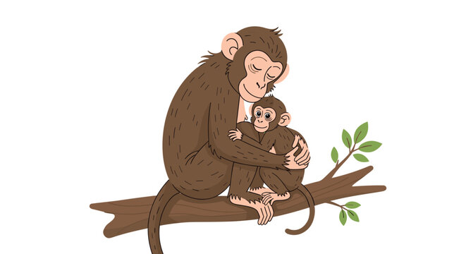 Monkey mother with long brown fur sits on a tree branch and hugs her baby while looking down with a peaceful expression.