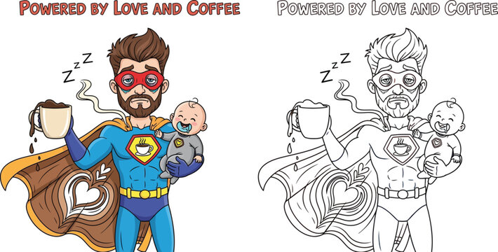Powered by Love and Coffee Exhausted Superhero Dad with Baby