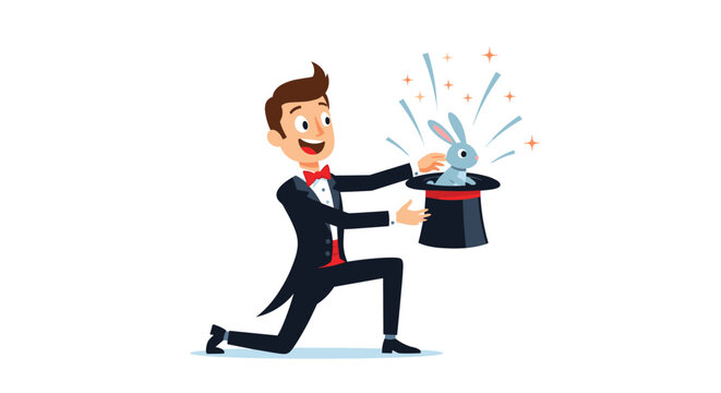 Cheerful magician in a tuxedo pulls a small blue rabbit out of a black top hat during a magical stage performance with sparkles.
