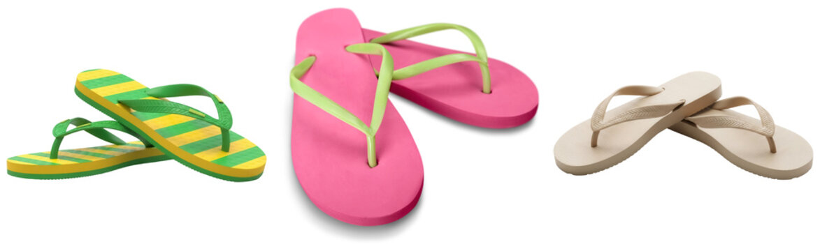 Three pairs of flip-flops isolated on a white background