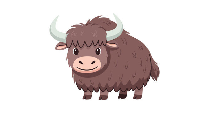 Friendly brown yak with long shaggy fur and large curved horns stands calmly in a simple animal cartoon illustration for kids.
