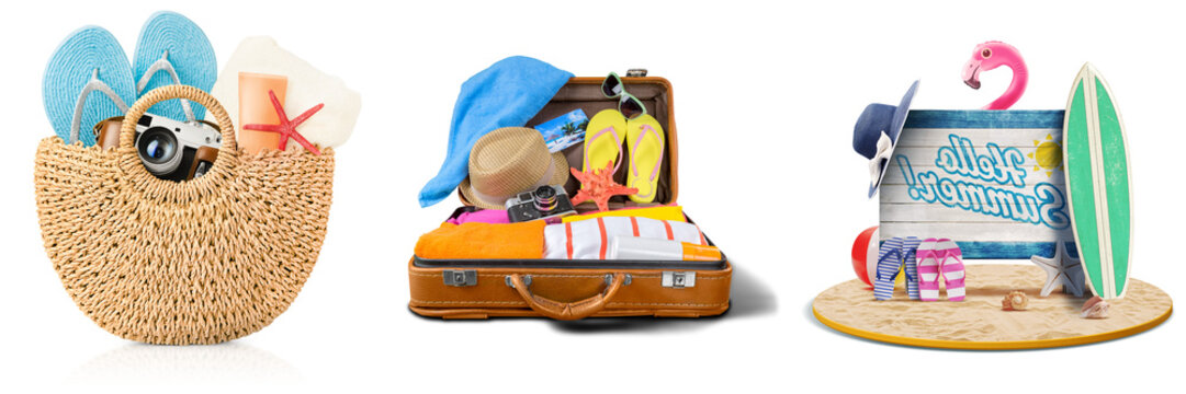 Collage of summer vacation and beach items: straw bag with camera, open suitcase with clothes and hat, and beach scene with surfboard and flamingo.