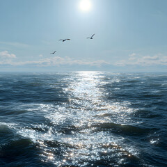 Obraz premium Sunlit Ocean Horizon with Seagulls Flying Over Sparkling Blue Water