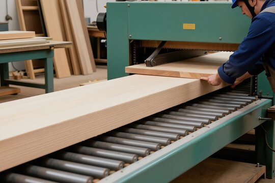 Man in hard hat works on wide lumber with machine. Woodworker guides plank on industrial equipment. Heavy duty tools process hardwood in workshop.