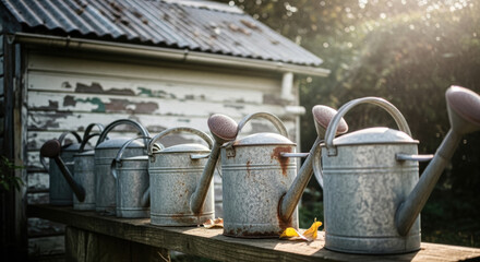 Naklejka premium Watering cans made of galvanized metal sit in a row on a rustic wooden bench outside a garden shed.