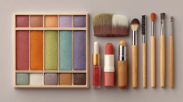 Colorful gender-neutral makeup and beauty products arranged on minimalist background
