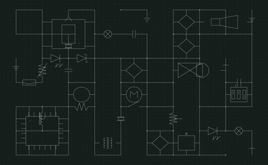 Fototapeta premium Cmyk electronic circuit schematic blueprint chalkboard diagram