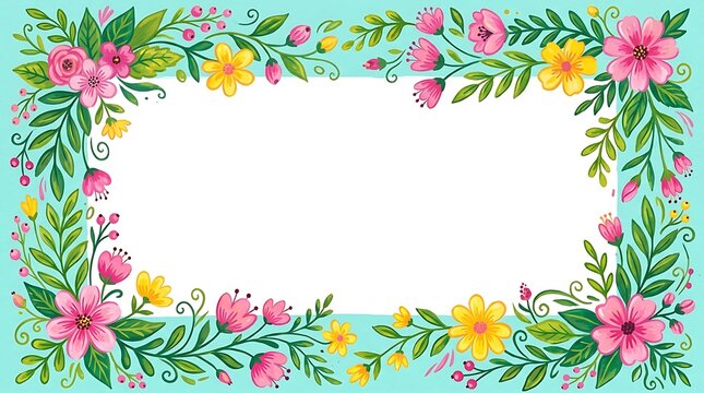 Decorative floral frame with pink and yellow flowers illustration