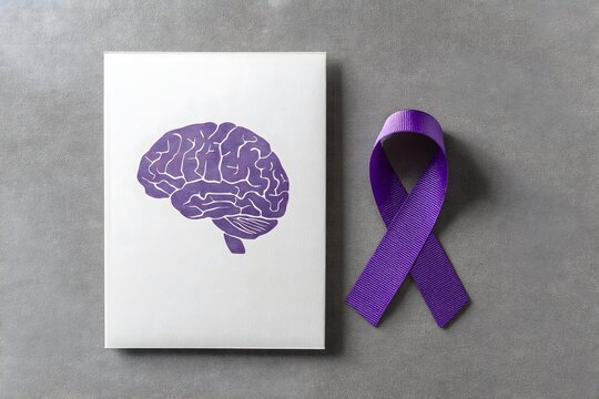 Flat lay composition of white card with purple brain illustration and awareness ribbon on grey surface, symbol of mental health and diagnosis, Alzheimer's concept.