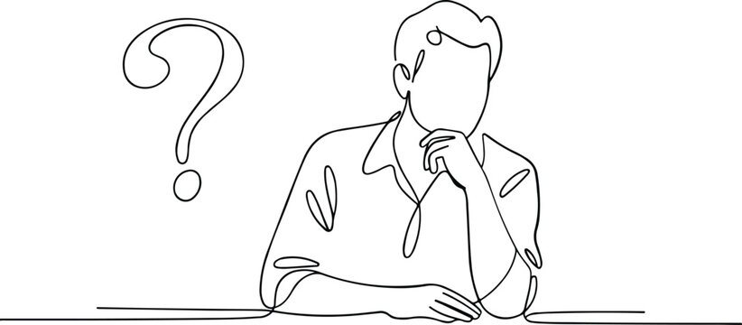 Continuous line drawing of a man with a question mark thinking