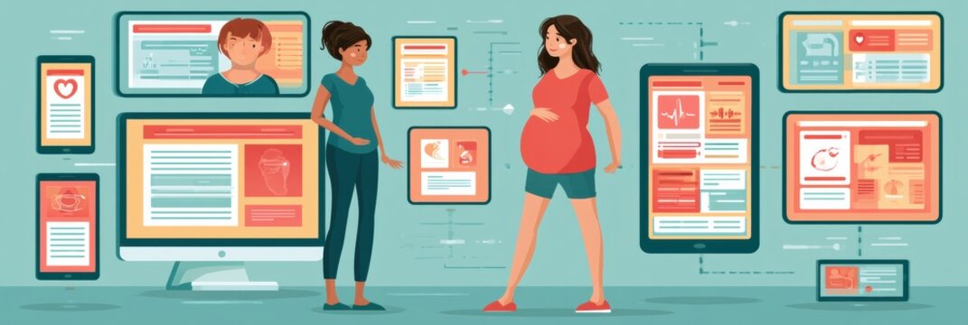 A pregnant woman interacts with wellness apps on several devices, exploring digital health resources and tracking her pregnancy.