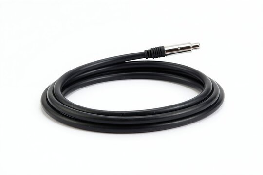 Black coiled instrument cable with silver connector for audio signal. This wire connects guitar to amp for music creation. Used in studio or live performance.