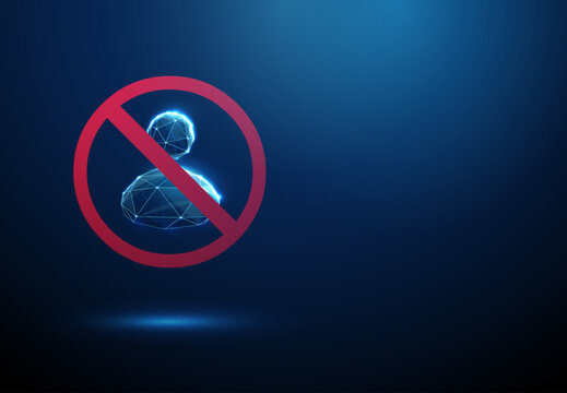 3D blue avatar in denied sign. Access denied, account ban, restriction, blocked user, online security, virtual assistant, privacy, forbidden, rejection concept
