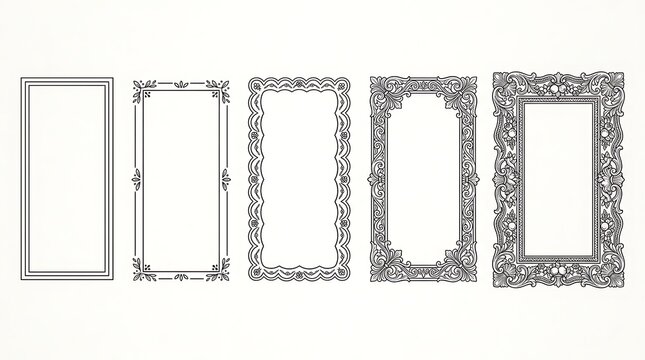 Set of five decorative vintage rectangular picture frames illustration