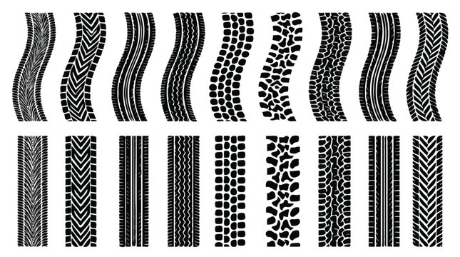 Tire tread patterns vector set with straight and winding black track marks.