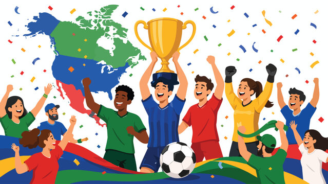 Vibrant North America football team celebrating Soccer Championship Background with trophy and confetti