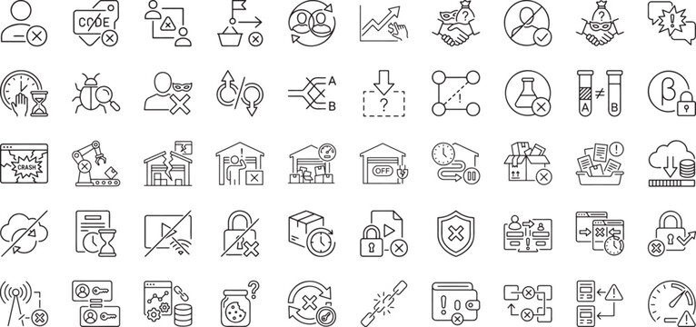 Business partnership failure and software code error line icons