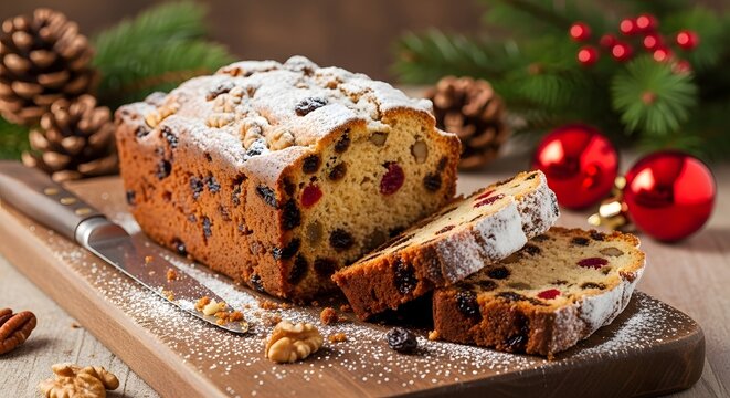 Delicious christmas fruitcake with powdered sugar on a wooden cutting board