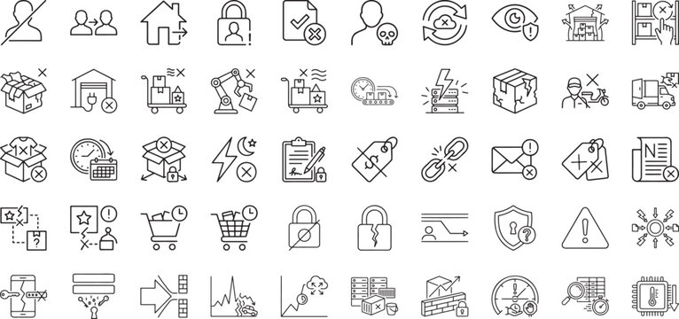 Business security breach and data loss line icon set