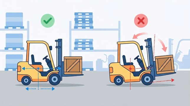 Forklifts demonstrate proper and improper load handling in a warehouse setting.