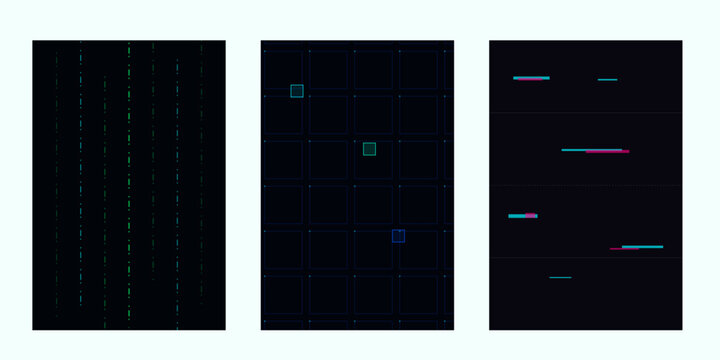 Abstract data grid pattern and digital signal distortion glitch effect posters.