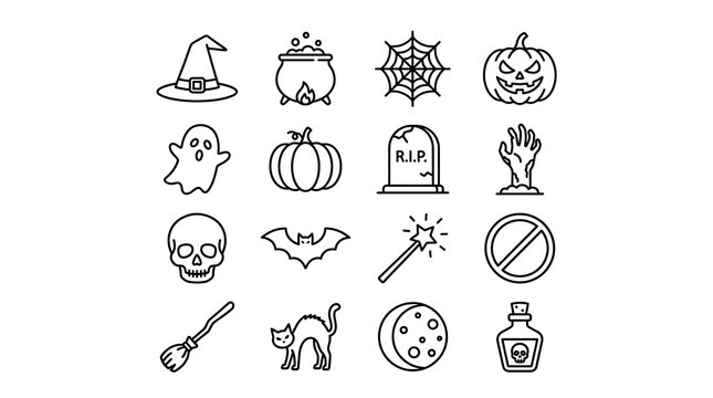 Set of simple black and white Halloween line art icons illustration